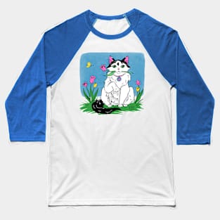 Kitty with Tulips (Don't give tulips to cats, it's poisonous) Baseball T-Shirt
